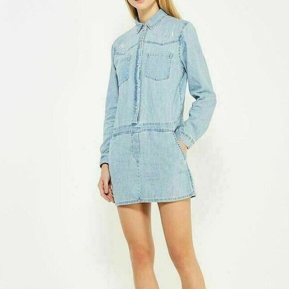 Juicy Couture Blue Chambray Mini Dress Small Embroidered Western Long Sleeve - Picture 3 of 4